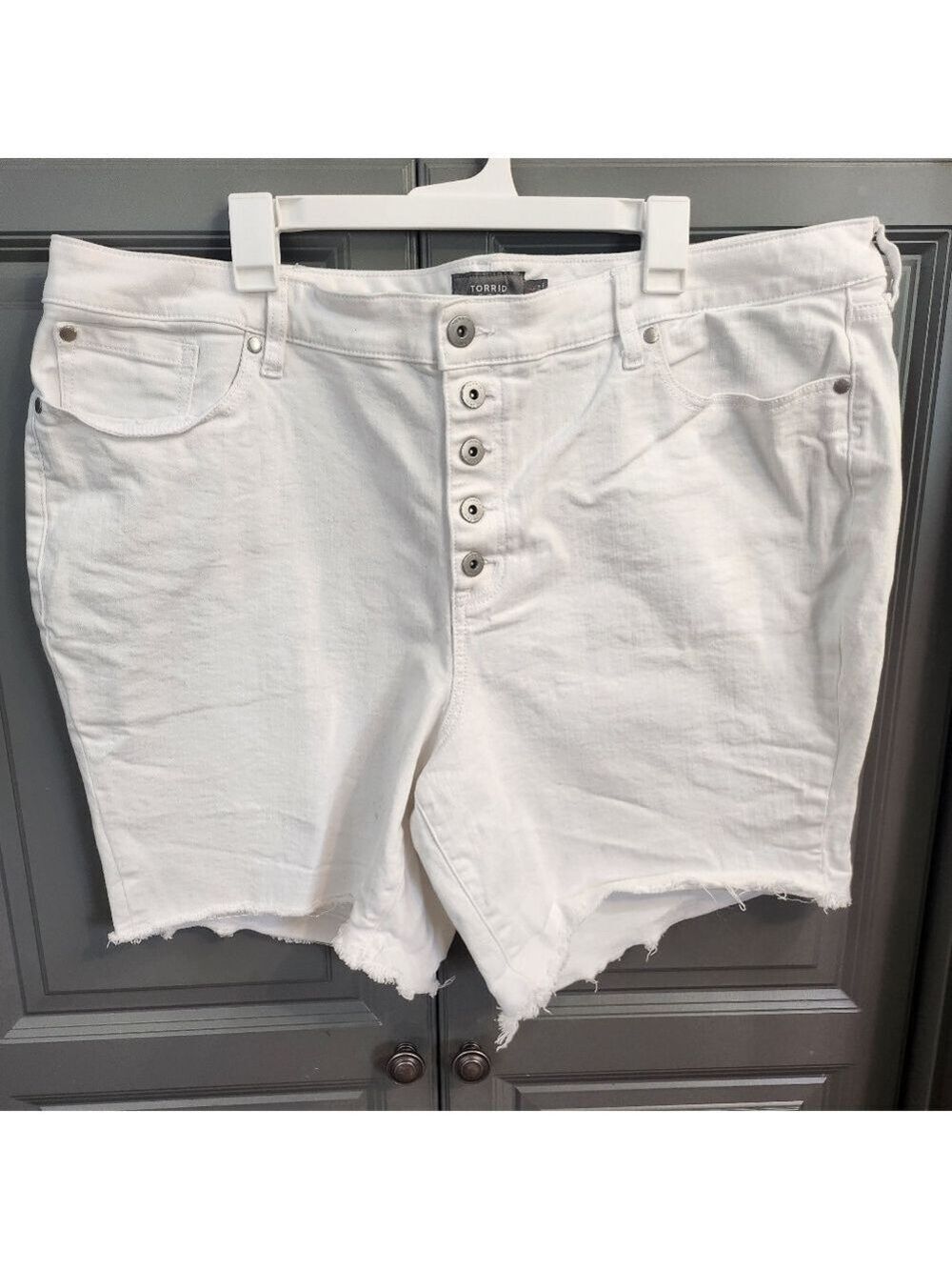Torrid White Jean Shorts with Button fly, Frayed Hem